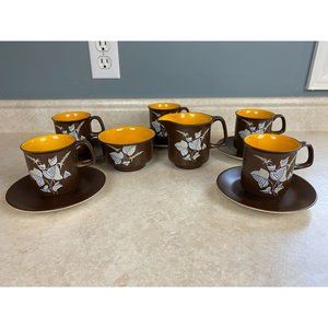 Crown Devon Open Sugar Bowl & Creamer With 5 Cups And Saucers Brown And Orange
